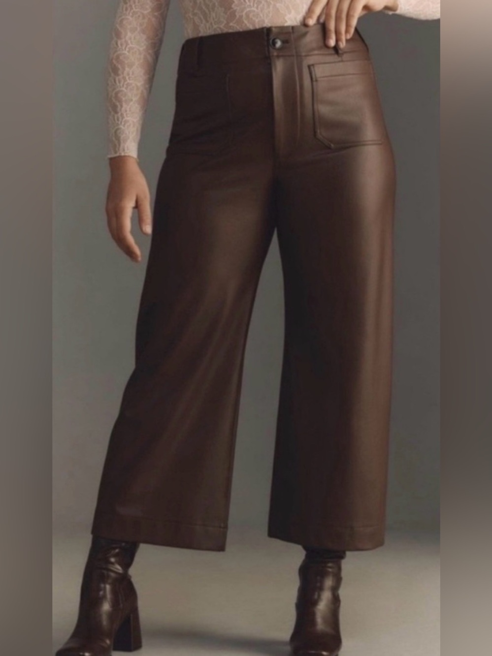 Anthro Maeve Colette Brown Faux Leather High Rise Wide Leg Cropped Pants Size 29